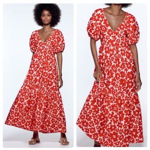 Zara Floral Printed 100% Cotton Puff sleeve poplin Dress size XL